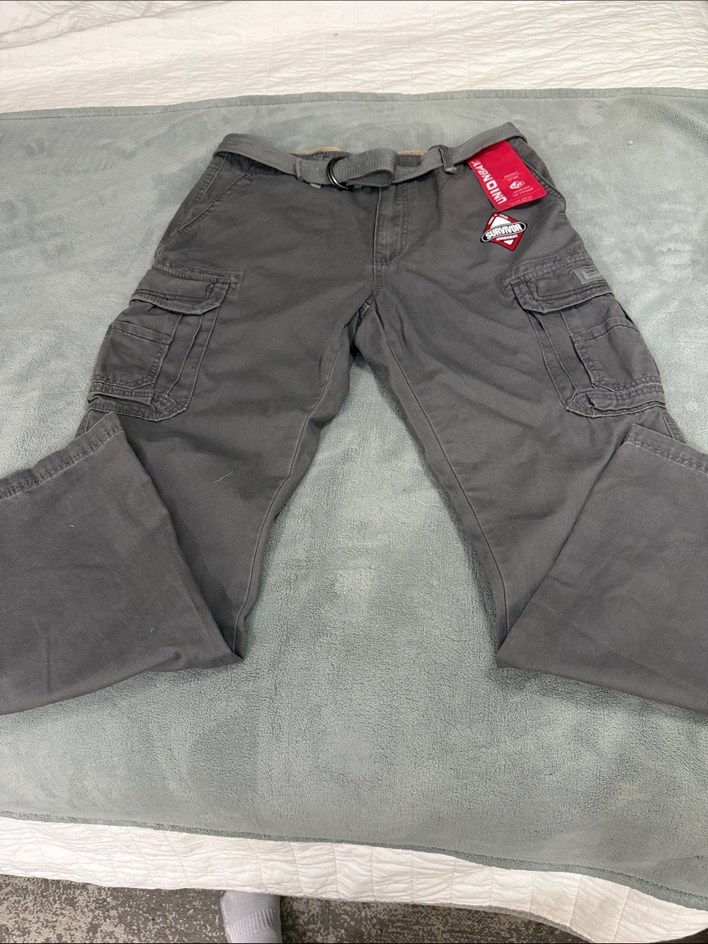 UNIONBAY Men's Charcoal Gray Cargo Pants with Webbing Belt